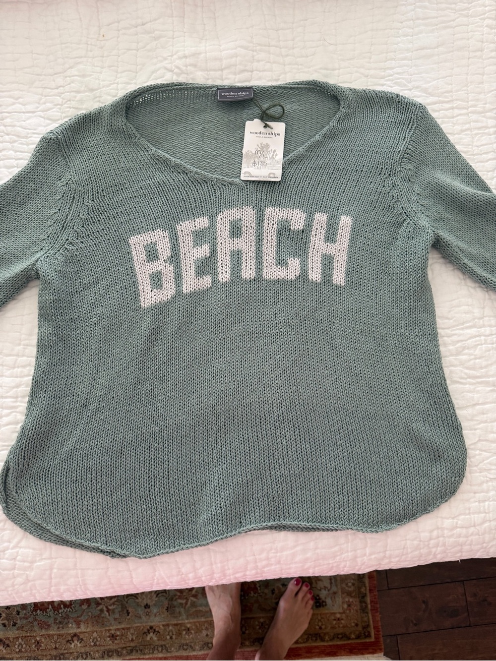 Wooden Ships Sage Green 'BEACH' Crewneck Sweater with White Lettering